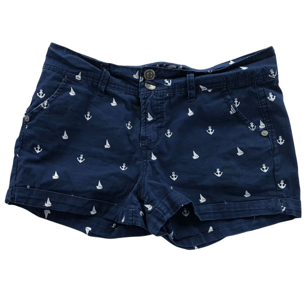 Wallflower Womens Short Shorts Size 7 Nautical Navy Blue Anchor Sailboat Casual